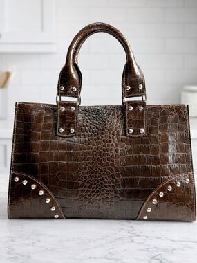 Claudia Firenze Italian Leather Croc Embossed Studded Tote Brown Made in Italy